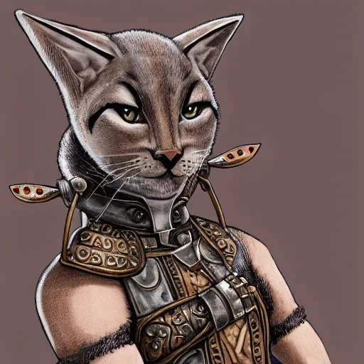 Prompt: d & d style, upper body portrait, tabaxi male, wearing studded leather.