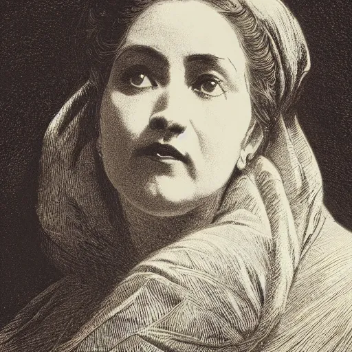 Image similar to side portrait of a beautiful victorian widow, close up, depth, shadow, dramatic light, Chiaroscuro, illustration by Gustave Doré