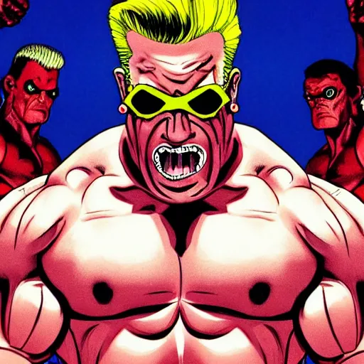 Prompt: Duke Nukem doing the Bateman stare, red tank-top, Duke Nukem 90s cover art