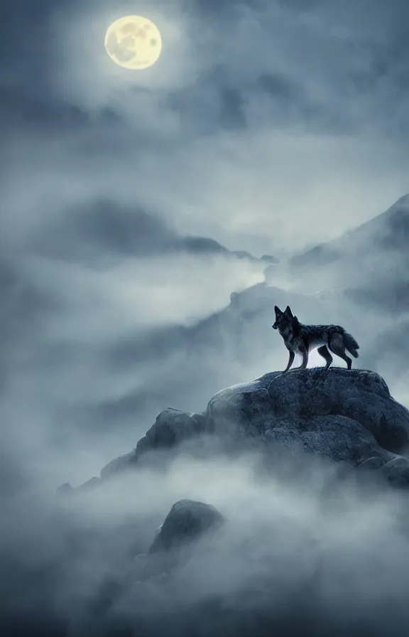 Image similar to a photograph of a wolf at full moon in a mountainous environment, full moon with fog and clouds, concept art, epic lighting, cinematographic