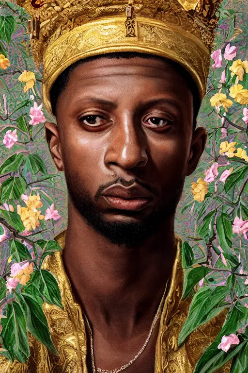 Prompt: breathtaking detailed concept art painting of 2 1 savage, orthodox saint, with anxious, piercing eyes, ornate background, amalgamation of leaves and flowers, by hsiao - ron cheng, extremely moody lighting, 8 k