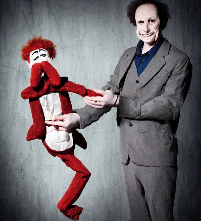 Image similar to hyper realistic photography of lunatic ventriloquist with haunted puppet