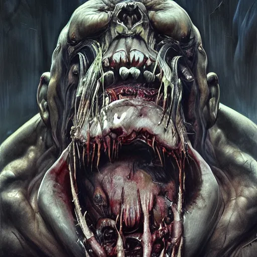 Image similar to Dark fantasy Painting of a hulking muscular demonic with drool dripping from its mouth, hr giger muscles, disgusting, creepy, unsettling, horror, upper body, intricate, wild, highly detailed, digital painting, artstation, concept art, smooth, sharp focus, illustration, art by artgerm and greg rutkowski and alphonse mucha