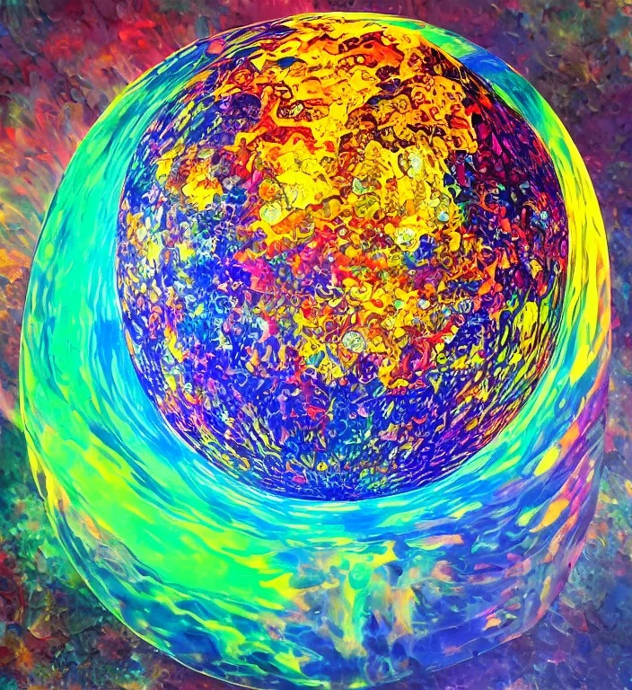 Image similar to an acrylic pour illustration of an intricate and faceted crystal ball with a world inside of it + impasto + dissolving in to light + prism + god rays + dramatic lightning + backlit + specular + caustics