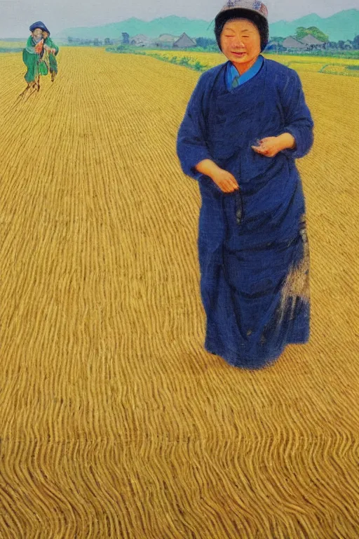 Image similar to cat farmer, walking in the wheat field, nature landscape on the background, fenghua zhong, sharp deep, oil art