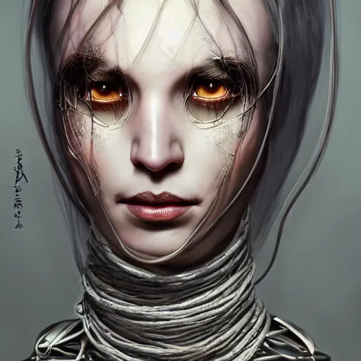 Image similar to portrait of a Shibari rope wrapped face and neck, headshot, insanely nice professional hair style, dramatic hair color, digital painting, of a old 15th century, young cyborg Rubber Nun, amber jewels, baroque, ornate clothing, scifi, realistic, hyperdetailed, chiaroscuro, concept art, art by Franz Hals and Jon Foster and Ayami Kojima and Amano and Karol Bak,