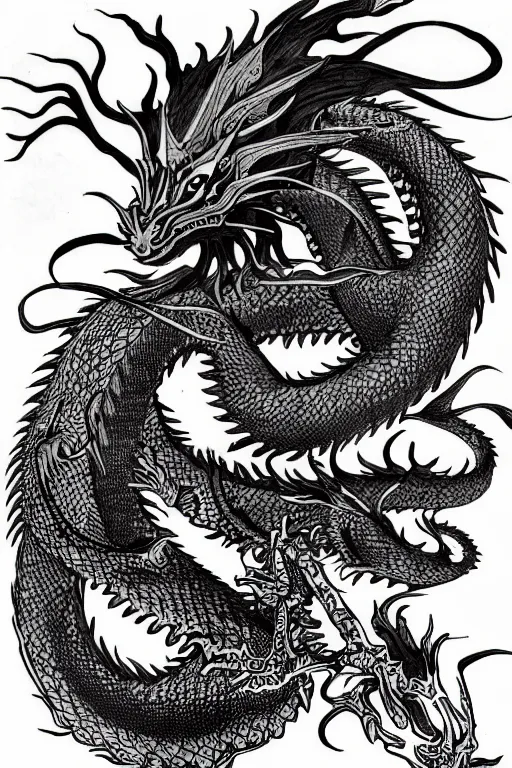 Prompt: dragon, black ink on paper, trending on artstation, beautiful, intricate, detailed