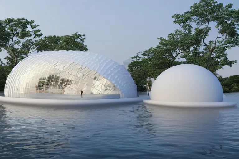 Image similar to a building composed of many white spherical egg shaped circular spaces and boolean combinations stacked together. on the calm lake, people's perspective modern curved architecture, future, wood, marble, metal award winning, highly detailed 4 k art, dusk, unreal engine highly rendered, global illumination, radial light, internal environment by kazuyo sejima