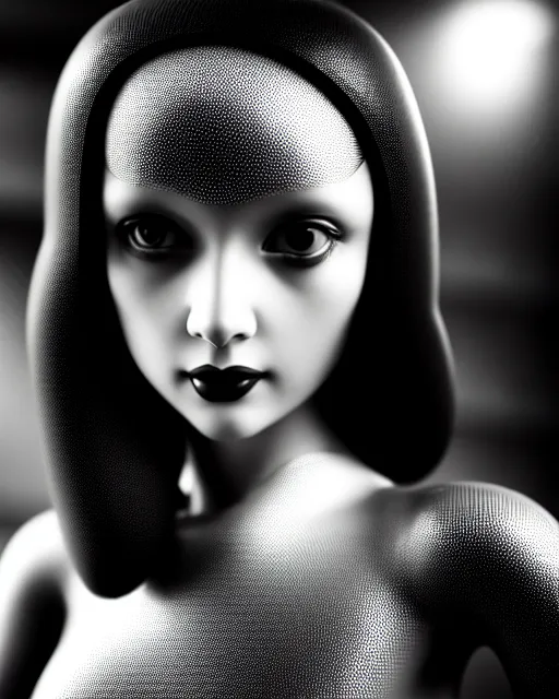 Image similar to black and white dreamy young beautiful female artificial intelligence, metropolis, cinematic, rim light, bokeh, photo - realistic, elegant, high detail, 8 k, masterpiece, photo taken in 1 9 3 0