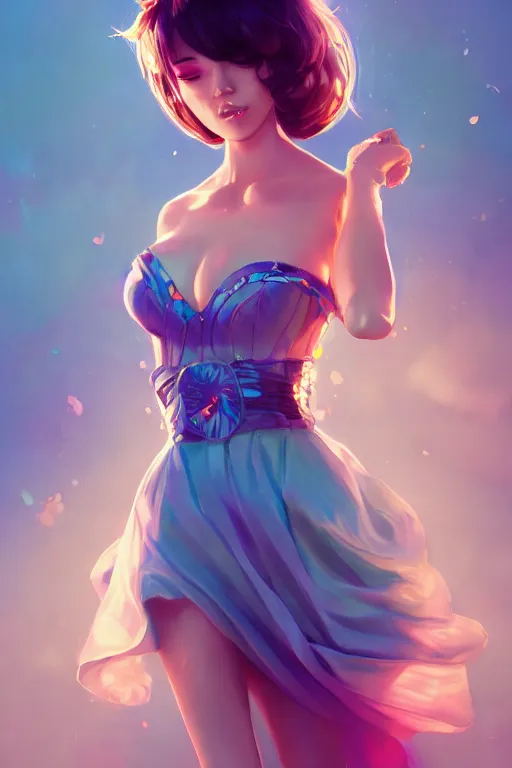 Image similar to a beautiful fashion goddness of love, chic strapless dress, tropical sea background, character design, in the style of artgerm, and wlop, cinematic lighting, hyperdetailed, 8 k realistic, symmetrical, global illumination, radiant light, frostbite 3 engine, cryengine, dof, trending on artstation, digital art