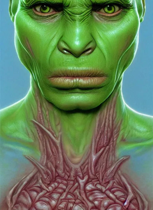 Image similar to green orc female, light green tone beautiful face by wayne barlowe