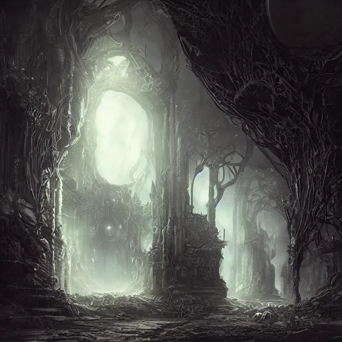 Image similar to gazing into the ominous dark etherial gate to the pitch black void, dark midnight, quiet and serene atmosphere, deviantart, concept art, intricate high detail masterpiece