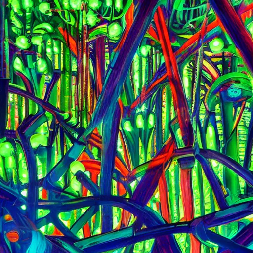 Prompt: lush enchanted forest interlocking with machines by salome totladze, bursts of color, beautiful, neon