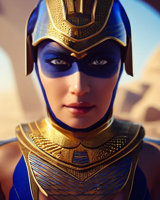 Image similar to girl in egypt, egyptian cyborg armor, white hair, atmosphere, gold, detailed, intricate, desert, beautiful face, cinematic lighting, trending on artstation, blue eyes, 4 k, focused, extreme details, cinematic, masterpiece, by akihito tsukushi