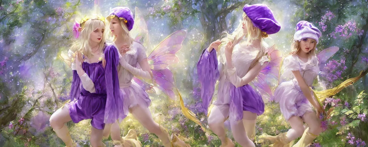 Image similar to Full View of mysterious fairy maidens with short blond hair wearing an oversized purple Beret, Baggy Purple overall shorts, Short Puffy pants made of silk, silk shoes, a big billowy scarf, Golden Ribbons, white leggings Covered in stars. Short Hair. peasant magic. masterpiece 4k digital illustration by Ruan Jia and Mandy Jurgens and Artgerm and greg rutkowski , award winning, Artstation, art nouveau aesthetic, Alphonse Mucha background, intricate details, realistic, panoramic view, Hyperdetailed, 8k resolution, intricate art nouveau, smooth, sharp focus. Rhythmic gymnastics poses