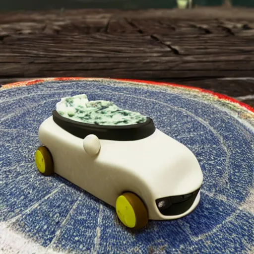 Prompt: a car made of gorgonzola cheese so happy that the bot is back online, yeehaw that is hyper realistic