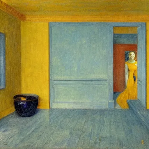 Prompt: a young girl in a blue golden room, film still by edward hopper, by Bosch, by klimt, art noveau, highly detailed, strong lights, liminal, eerie, Bright pastel colors