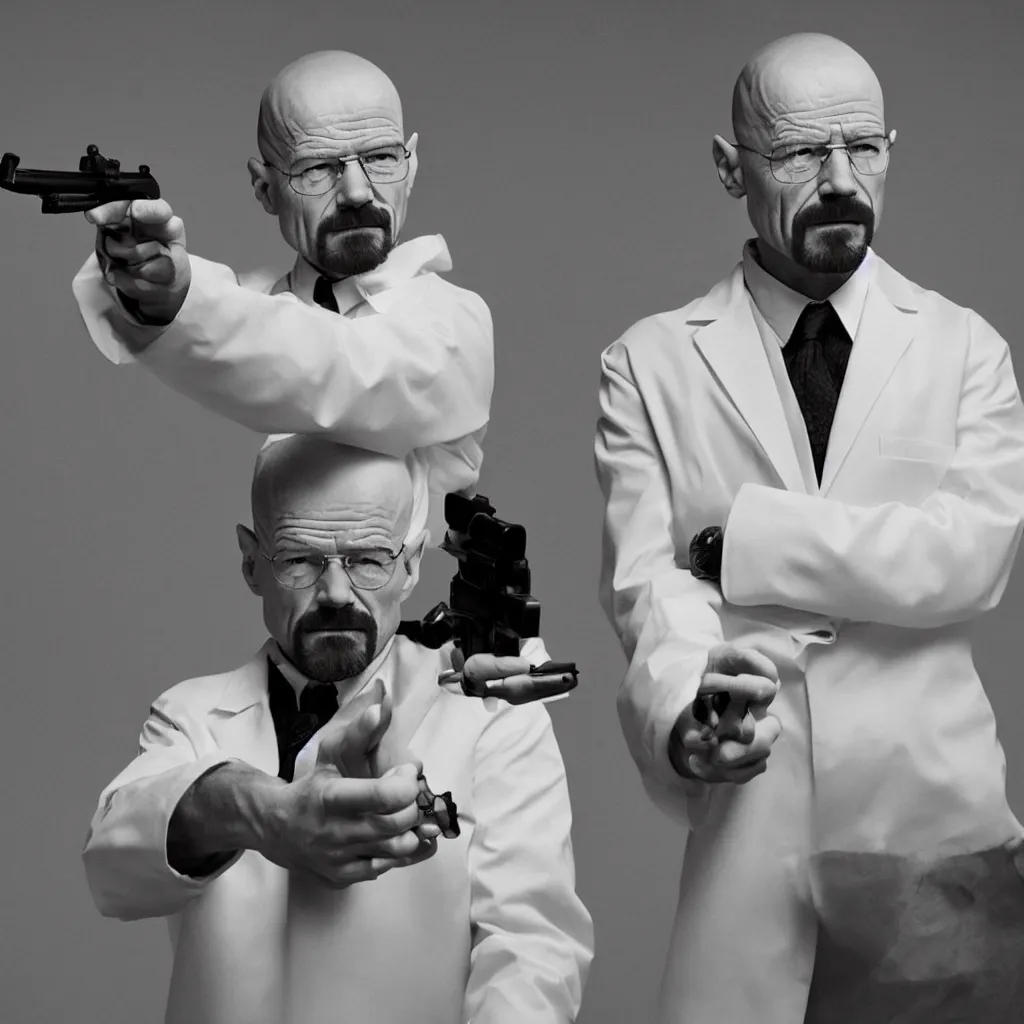 Prompt: walter white in a white suit, holding a pistol