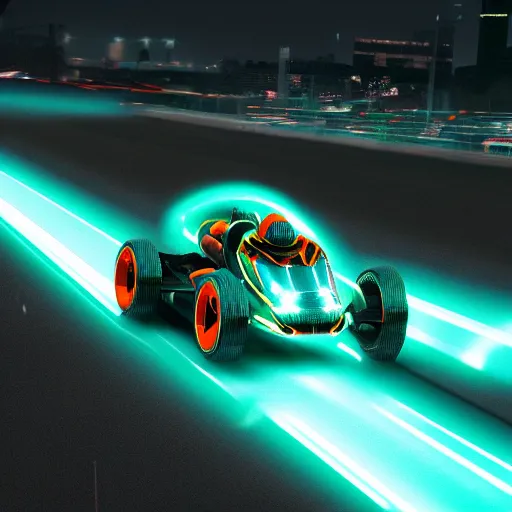 Image similar to go - kart racer taking a corner at speed on a race track, motion blur, laser, smoke, debris, fast movement, artistic angle, light streaks, dark mood, night time, octane render, intricate detail, teal and orange colour palette