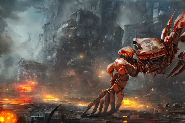 Image similar to giant mechanical crab destroying buildings on a city, digital painting, mixed media, trending on artstation and deviantart, epic composition, highly detailed, 8 k