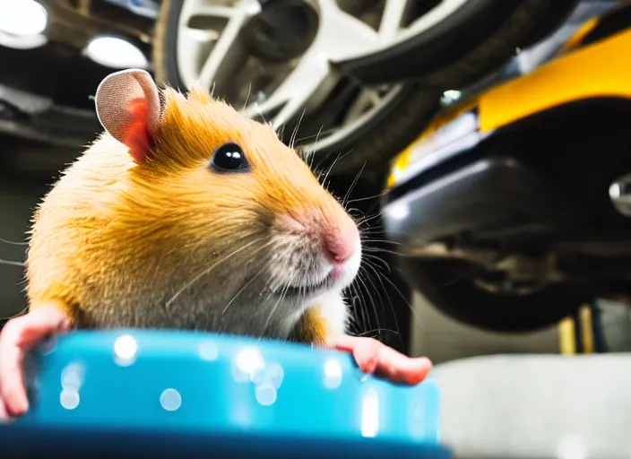 Image similar to film still of a hamster working as a mechanic in an auto shop, 8 k