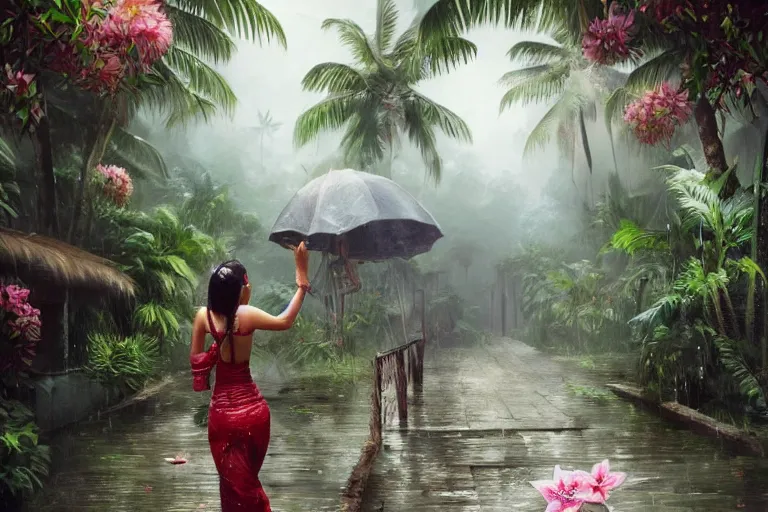 Prompt: ultra realistic illustration, photo, monsoon on tropical island, attractive oriental woman, back, ornate, beautiful, atmosphere, vibe, mist, coconuts, rain, wet, pristine, puddles, melting, dripping, creek, bridge, forest, roses, flowers, by stanley artgerm lau, thomas kindkade, art gta 5 cover