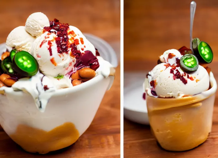 Prompt: dslr food photograph of ice cream sundae with baked bean and sliced jalapeno topping, 8 5 mm f 1. 8
