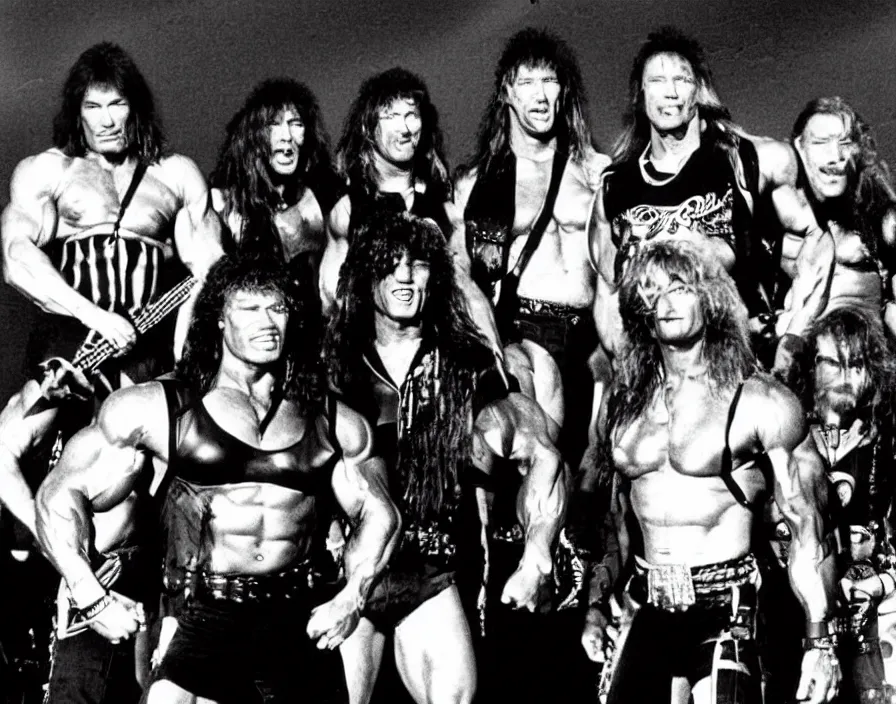 Image similar to colour photo off arnold schwarzenegger, sylvester stallone, dolph lundgren, Chuck Norris and Jean-Claude Van Damme in a heavy metal band, playing on stage in a heavy metal band 1985