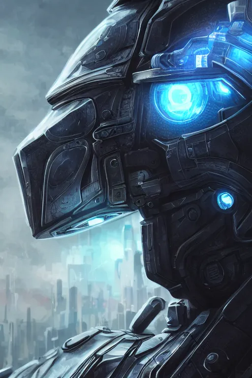 Image similar to ultra realist and ultra intricate detailed soft painting of a sci-fi armored male, from the waist up, symmetry features, glowing blue eyes, sensual gloomy style, volumetric clouds, cyberpunk window overlooking earth in background, artstation, unreal render, depth of field