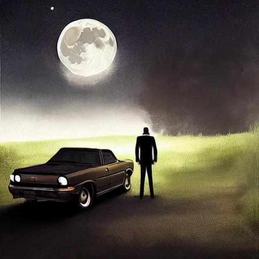 Image similar to Stunning Digital Art of Horrifyingly devastated man and woman hiding inside of a car while a werewolf howls at the moon outside by Stefan Koidl