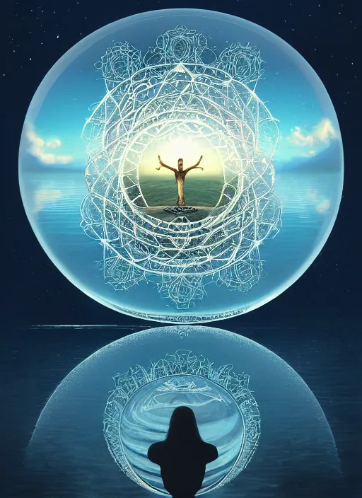 Image similar to transparent horizontally centered crystal sphere floating over a serene lake, tree of life inside the ball, intricate details, radiant light, reflections on the water, ripples, moody sky, hyperdetailed illustration by yuumei, by mark brooks, john harris, artstation, low global light, coherent composition