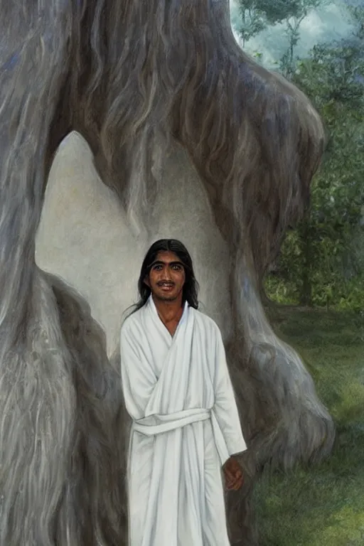 Image similar to sri lankan boy with long hair in white robes, art by Giancola, Donato