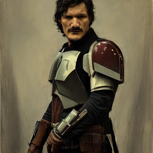 Prompt: portrait of an emotional pedro pascal as the mandalorian, by jeremy mann, anders zorn.