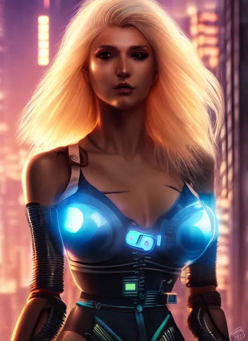 Image similar to photo of a gorgeous blonde female in cyberpunk city, realistic, sharp focus, 8 k high definition, insanely detailed, intricate, elegant, artgerm, greg kutkowski, high contrast dramatic lighting