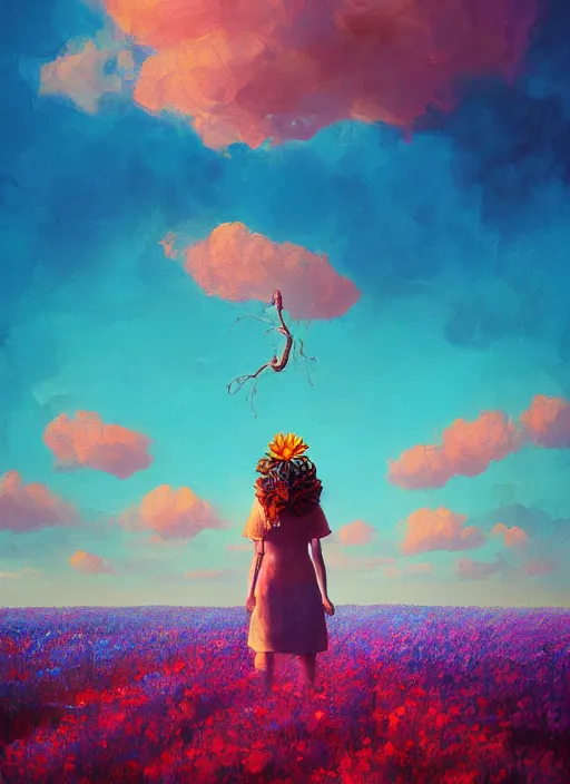 Image similar to woman with a giant carnation head, flower field, surreal photography, sunset dramatic light, impressionist painting, colorful clouds, blue sky, digital painting, artstation, simon stalenhag