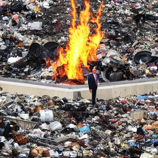 Image similar to trump on fire standing on top of a garbage dump, mar a lago