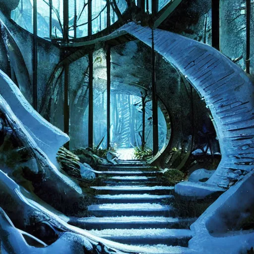 Image similar to stairs leading to a frozen derelict portal in a middle of a snowy lush futuristic forest, green lush world seen only through a portal, daylight, cinematic lighting, blue sky, syd mead, john harris