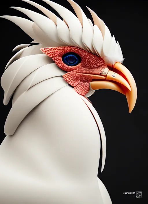 Prompt: hyper detailed ultra sharp portrait of a beautiful fashionable porcelain ivory cyberpunk scifi rooster, well contoured smooth colorful feathers, up close shot, sharp focus, global illumination, radiant light, black haute couture, alexandre ferra, irakli nadar, octane render, 4 k, ultra hd,