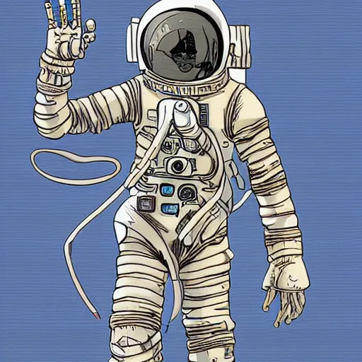 Image similar to a four-armed cyberpunk Astronaut, in the style of Ashley Wood and Moebius