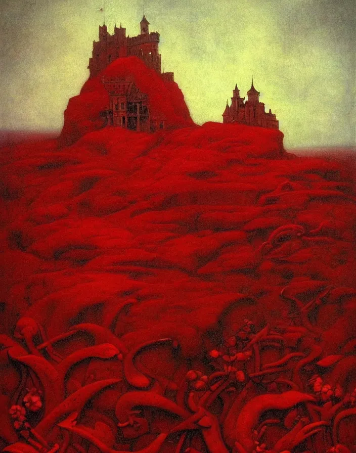 Image similar to only with red, red flowers, a red tiger, a castle in the background, medieval demons, an ancient path, in the style of beksinski, part by hopper, part by rodcenko, part by hofbauer, intricate composition, red by caravaggio, insanely quality, highly detailed, masterpiece, red light, artstation