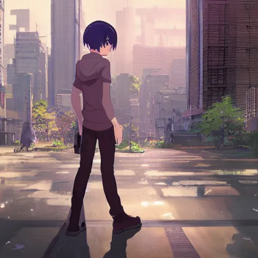 Prompt: android in an urban dystopia makoto shinkai