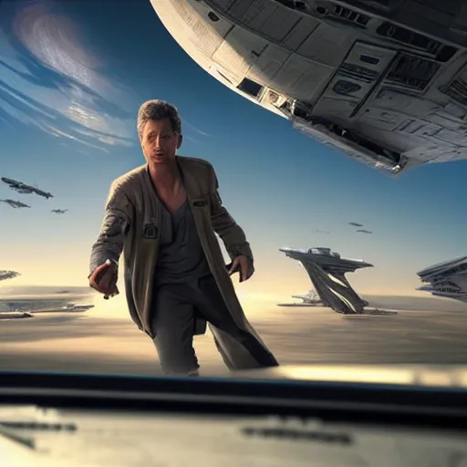 Image similar to hyperrealistic jeff goldblum piloting millennium falcon, stunning 3 d render inspired by istvan sandorfi & xiang duan, perfect symmetry, dim volumetric cinematic lighting, 8 k octane comprehensive render, extremely mega hyper - detailed and lifelike attributes & atmosphere, intricate, realistic flesh texture, masterpiece, artstation, stunning,