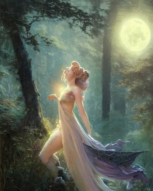 Image similar to a portrait of beautiful fairy goddness fly high in the night, d & d, fantasy, mist, full moon in background, trees, hyper detailed,, midium shot, an oil painting by ruan jia, trending on artstation, concept art, sharp focus, illustration, gaston bussiere, craig mullins, j. c. leyendecker, beautiful lighting