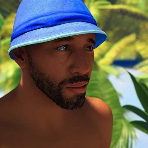 Image similar to man in a blue bucket hat playing a midi controller launchpad ableton live from a beautiful island in the tropics, photo realistic, 4 k render, cinema 4 d, maya, zbrush, portrait,