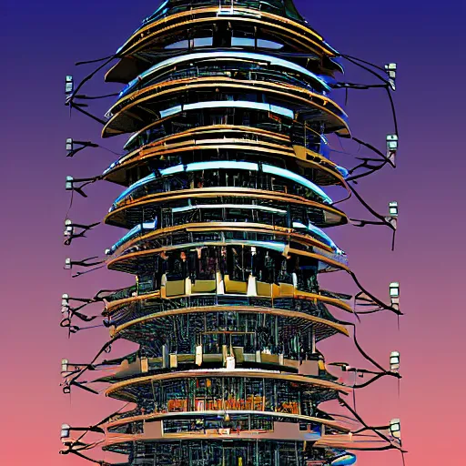 Prompt: digital artwork version of the wired mechanical tower of babel