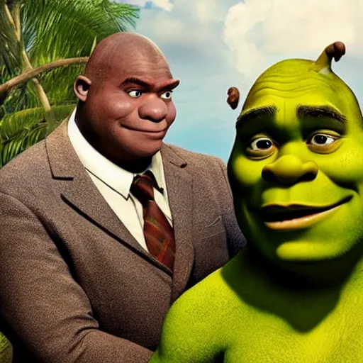 Prompt: Shrek as the superintendent in Death in Paradise (TV series)