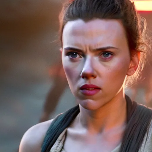 Prompt: A still of Scarlett Johansson as Rey in Star Wars: The Force Awakens (2015)