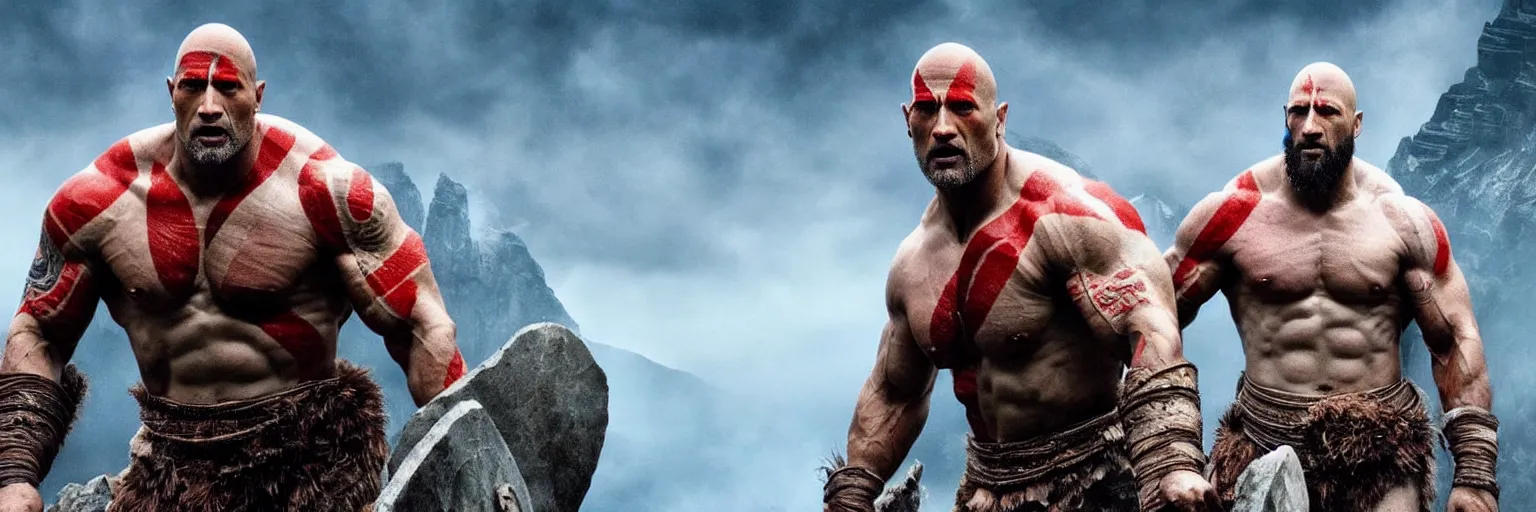 Prompt: Dwayne Johnson as God of war,red and blue smokes around him, professional photography, cinematic view