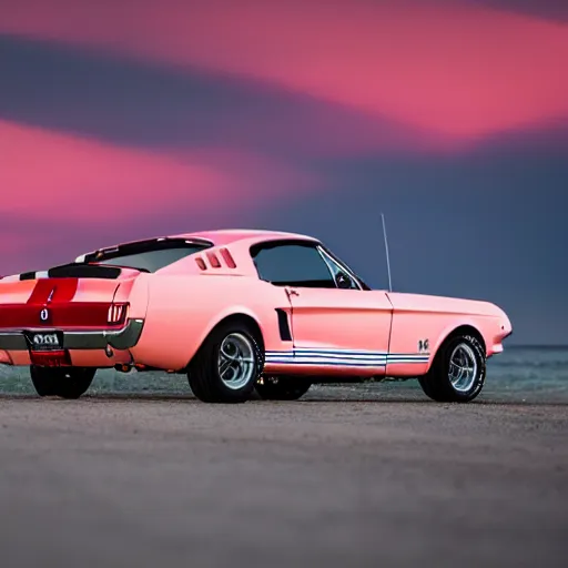 Image similar to long shot of 1967 Ford mustang Shelby GT500 in pink color at sunset in front a beach, 8k, amazing reflection on the car, UHD Photography