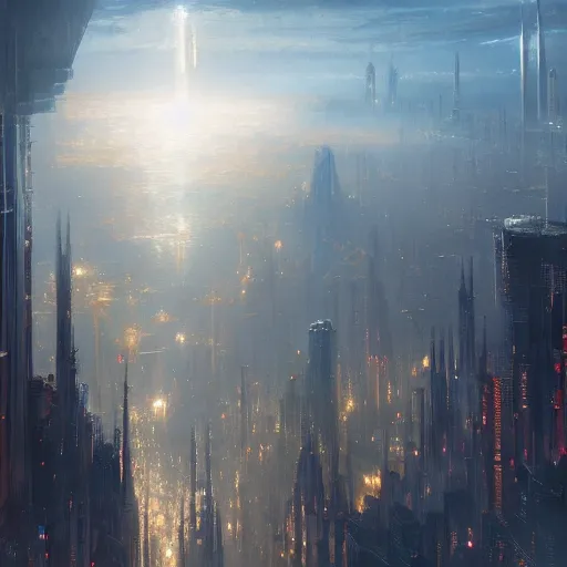 Prompt: Concept art, beautiful painting of a metropolis city, shining its light among stars, 8k, james gurney, greg rutkowski, john howe, artstation